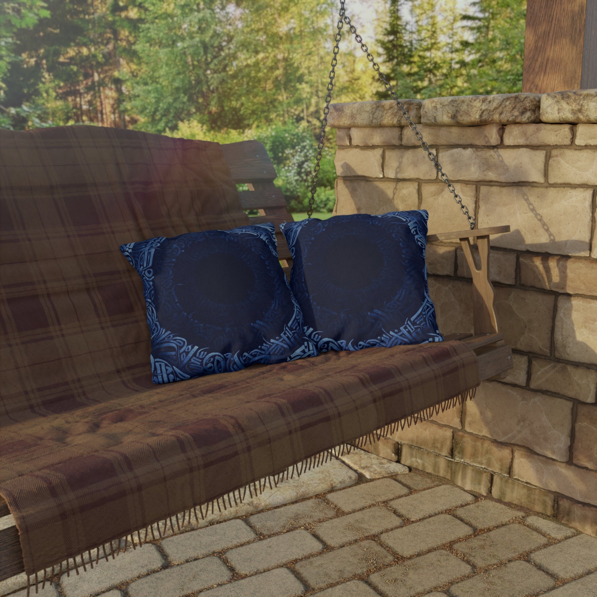 Navy Celtic Mandala Outdoor Pillow — Boho Coastal Patio Cushion