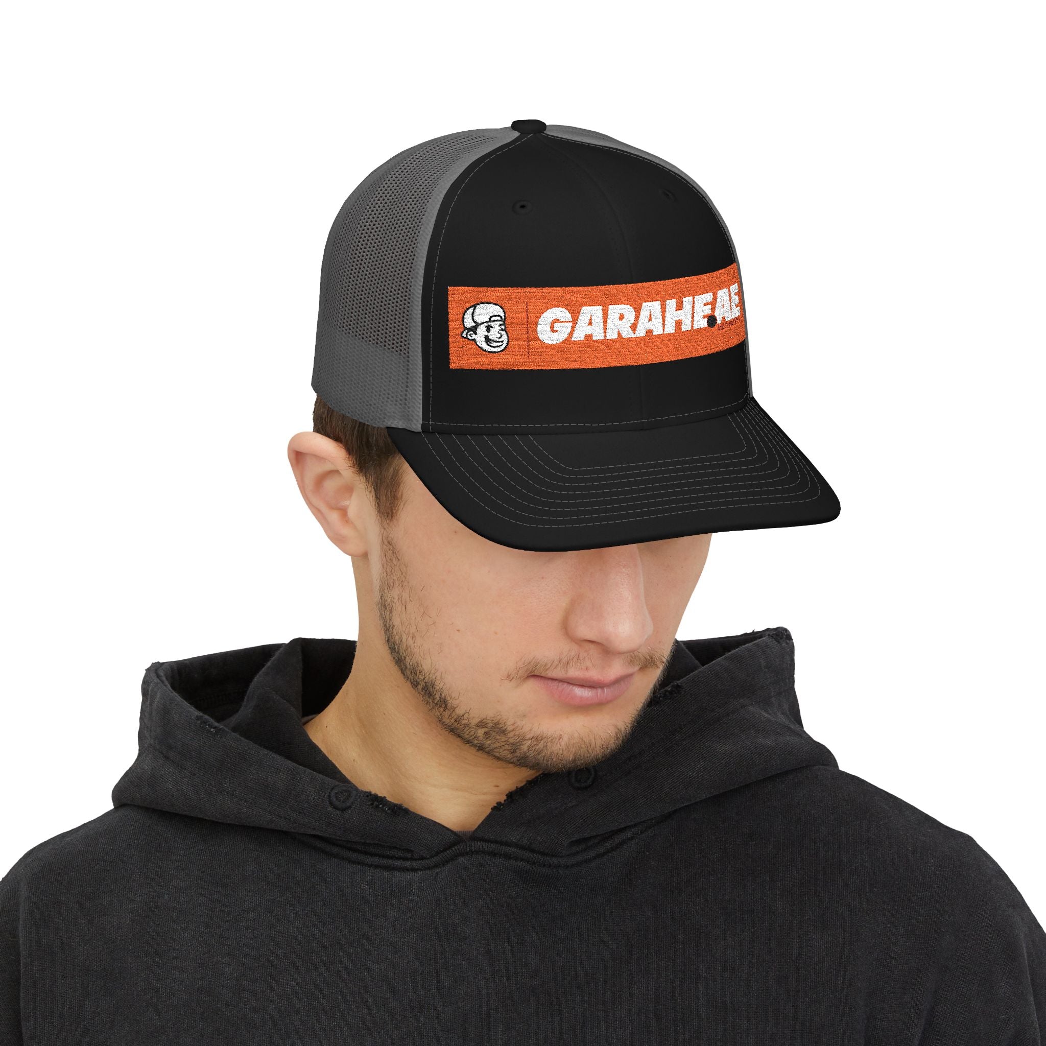 GARAEHEE Embroidered Trucker Cap — Retro Orange Patch Snapback Hat