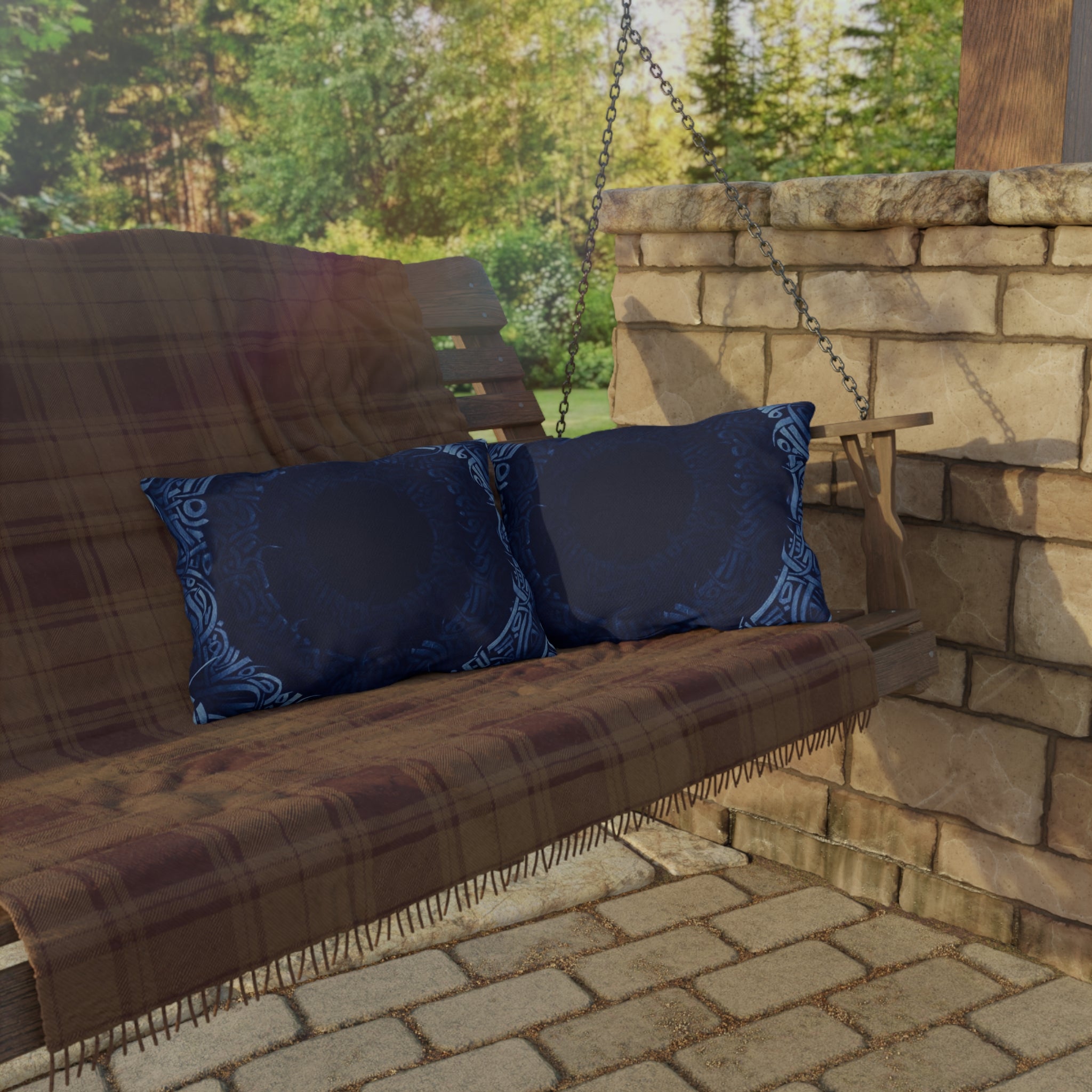 Navy Celtic Mandala Outdoor Pillow — Boho Coastal Patio Cushion