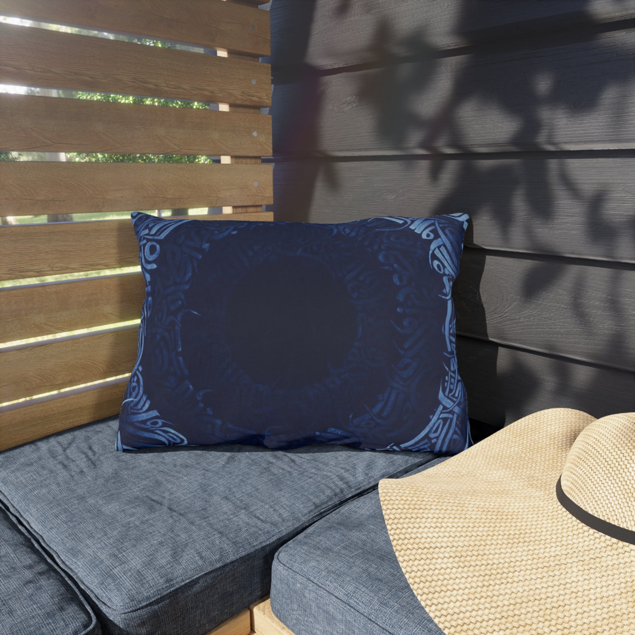 Navy Celtic Mandala Outdoor Pillow — Boho Coastal Patio Cushion