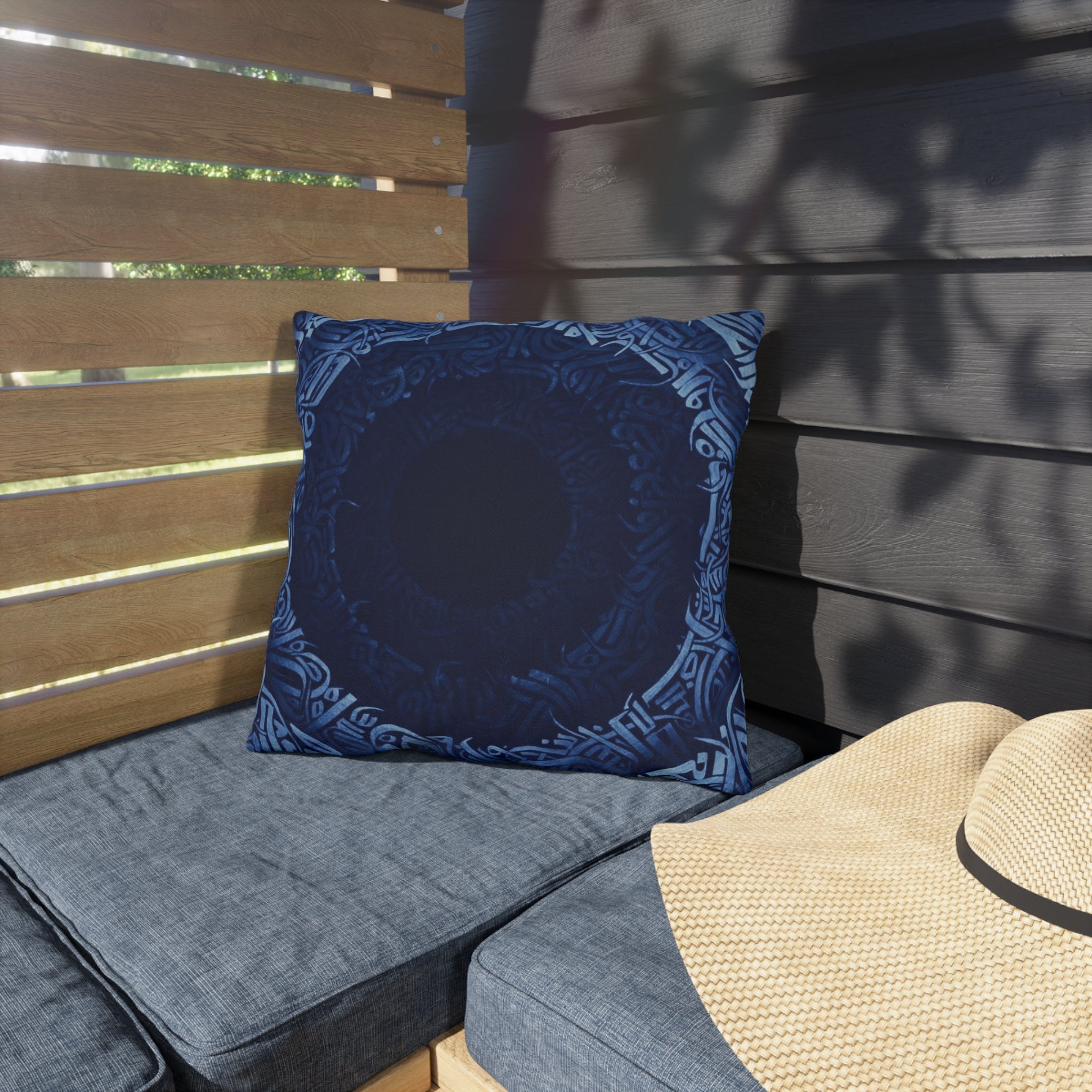 Navy Celtic Mandala Outdoor Pillow — Boho Coastal Patio Cushion