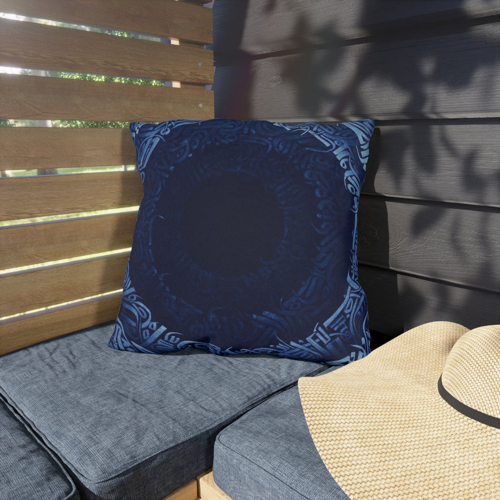 Navy Celtic Mandala Outdoor Pillow — Boho Coastal Patio Cushion
